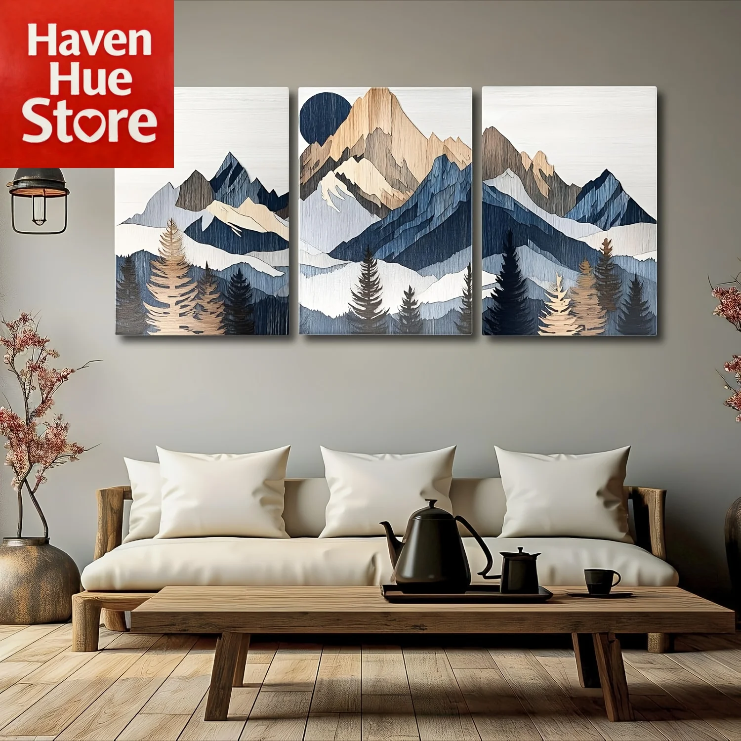 Juego de 3 Cuadros Planos en 2D, Arte de Pared en Lienzo con Paisaje de Montaña Bohemia, Decoración de Bosque Iluminado por el Sol, Pintura de Paisaje Natural para Paredes, Estilo Rústico