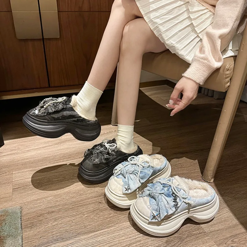 

Потрясающие тапочки на толстом каблуке, женские красивые сандалии во французском стиле с узлом-бабочкой, одинаковые юбки, хлопковая обувь на платформе