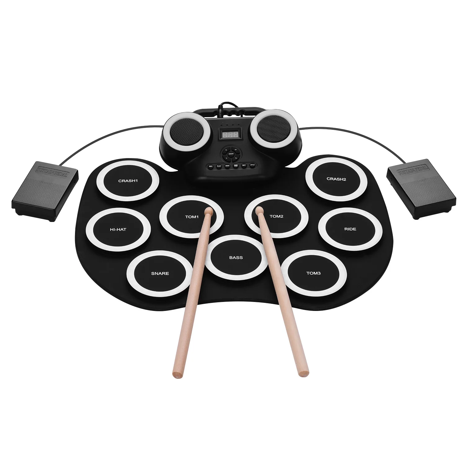 

Portable Roll-up Electronic Drum Pad Silicon Digital Drum with Built-in Speakers Foot Pedals Headphone Monitoring Colorful Light