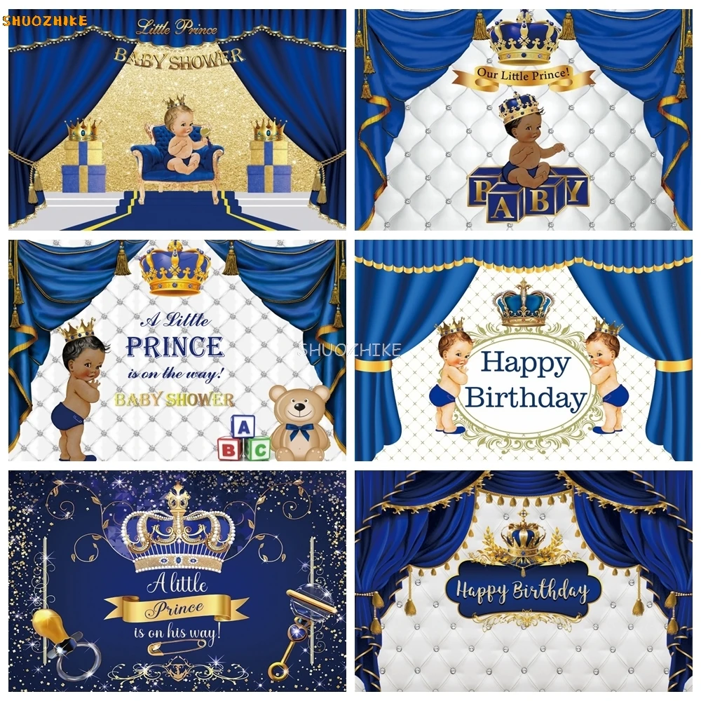 

Royal Prince Baby Shower Birthday Backdrop Blue Gold Little Prince Crown Curtain Kids Birthday Party Photography Background Deco