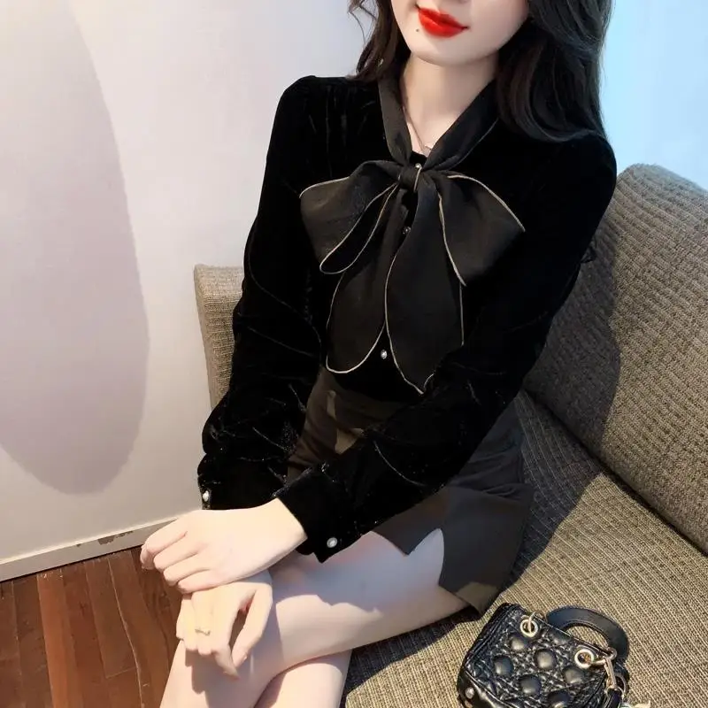 Vintage Bow Blouse Women Blusas Mujer De Moda 2024 Verano Spring Autumn Black Velvet Shirts Chemise Femme Ropa Tops Shirt