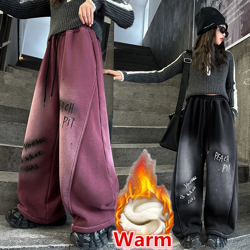 

Stylish Children Winter Warm Corduroy Crimson Pants For Girl Thicken Thermal Trousers Kids Insulated Fleece Sweatpants Age 5-14Y