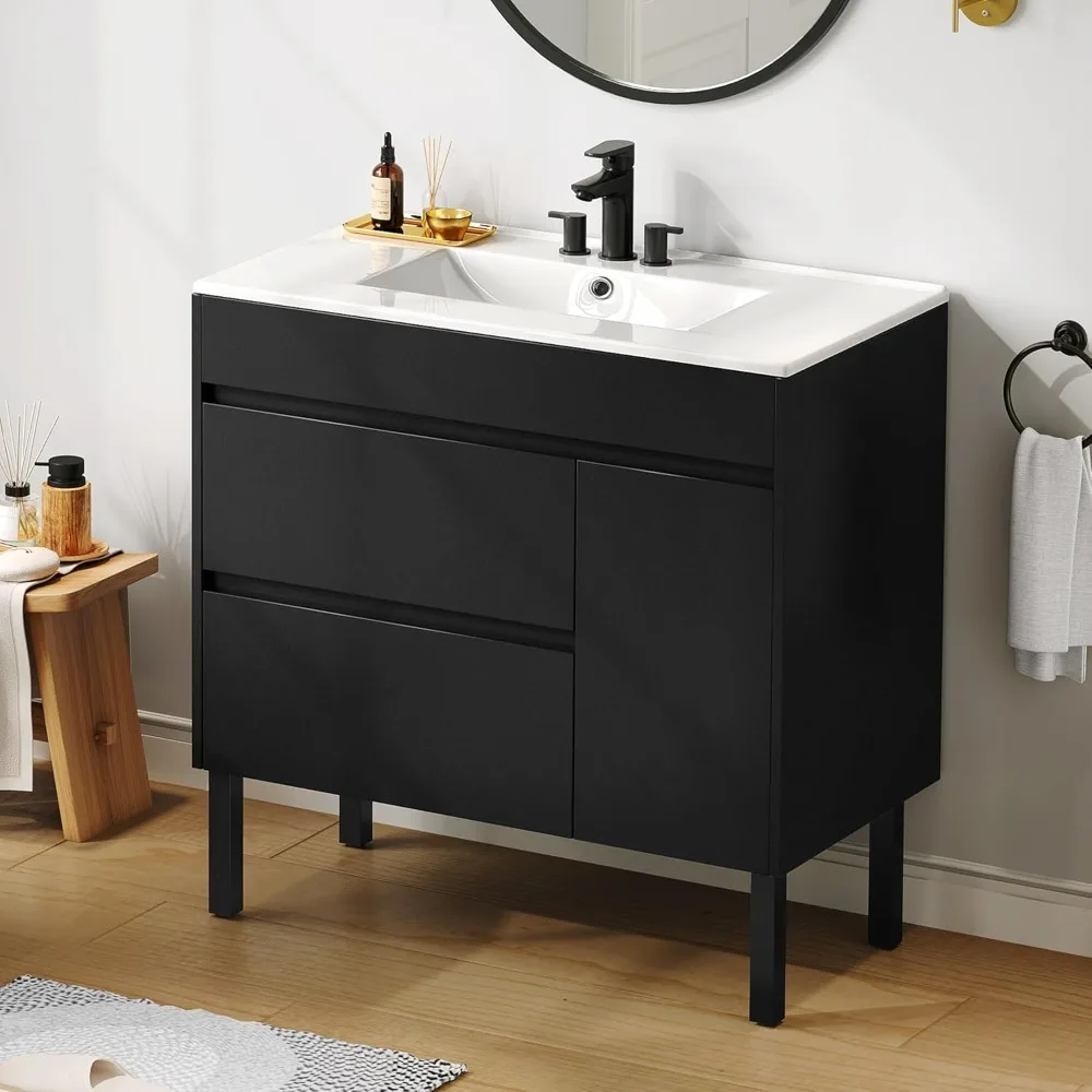 36 Inch Bathroom Vanity with Undermount Ceramic Sink, Black Bathroom Sink Cabinet, Modern Bathroom Storge Vanity