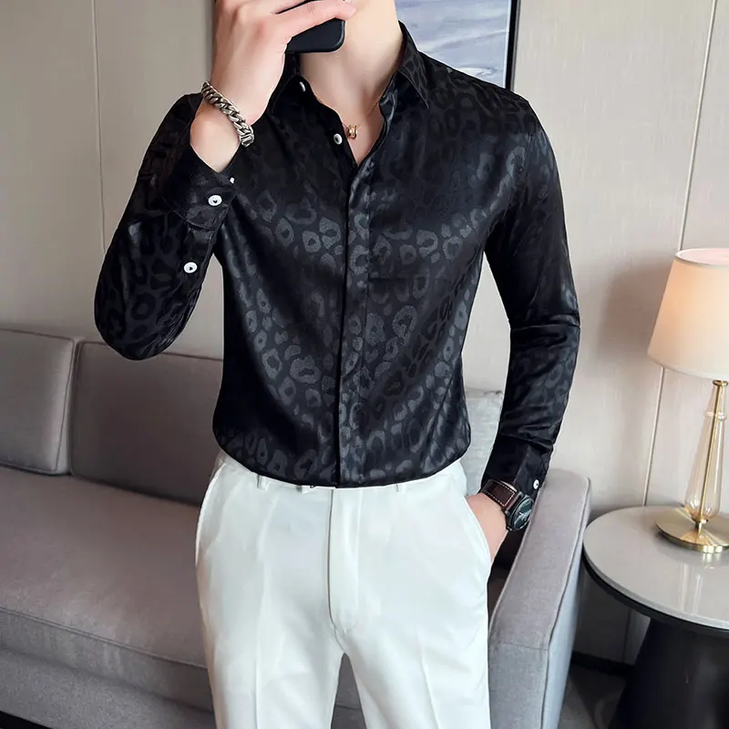 High-end Leopard Silky Shirts Men Fashion Business Hidden Buttons Long Sleeve Male Shirt Night Club/party Slim Fit Chemise Homme