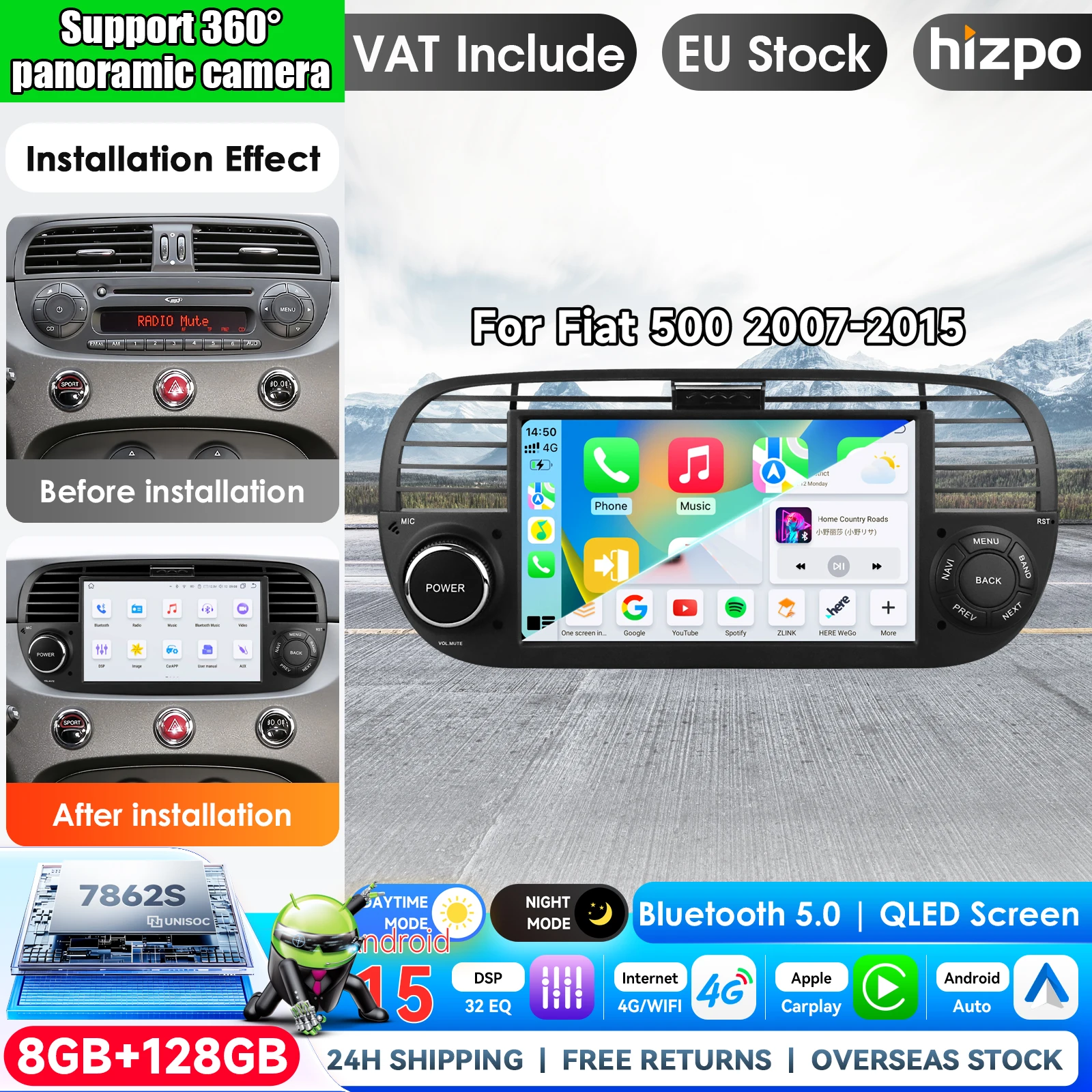 Hizpo 7 Zoll Wireless CarPlay Android Auto Autoradio für Fiat 500 Abarth 2007-2015 Multimedia Wireless Apple CarPlay Smart Intelligent Systems IPS Touchscreen Stereo Videoplayer 2 Din Autoradio Head