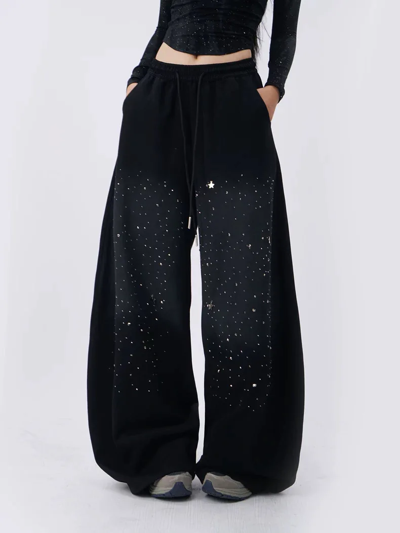 Y2K Hot Stamping Starry Sky Gradient Black Curved Knife Pants Women Loose Fit Sweat Jeans Jazz Dance