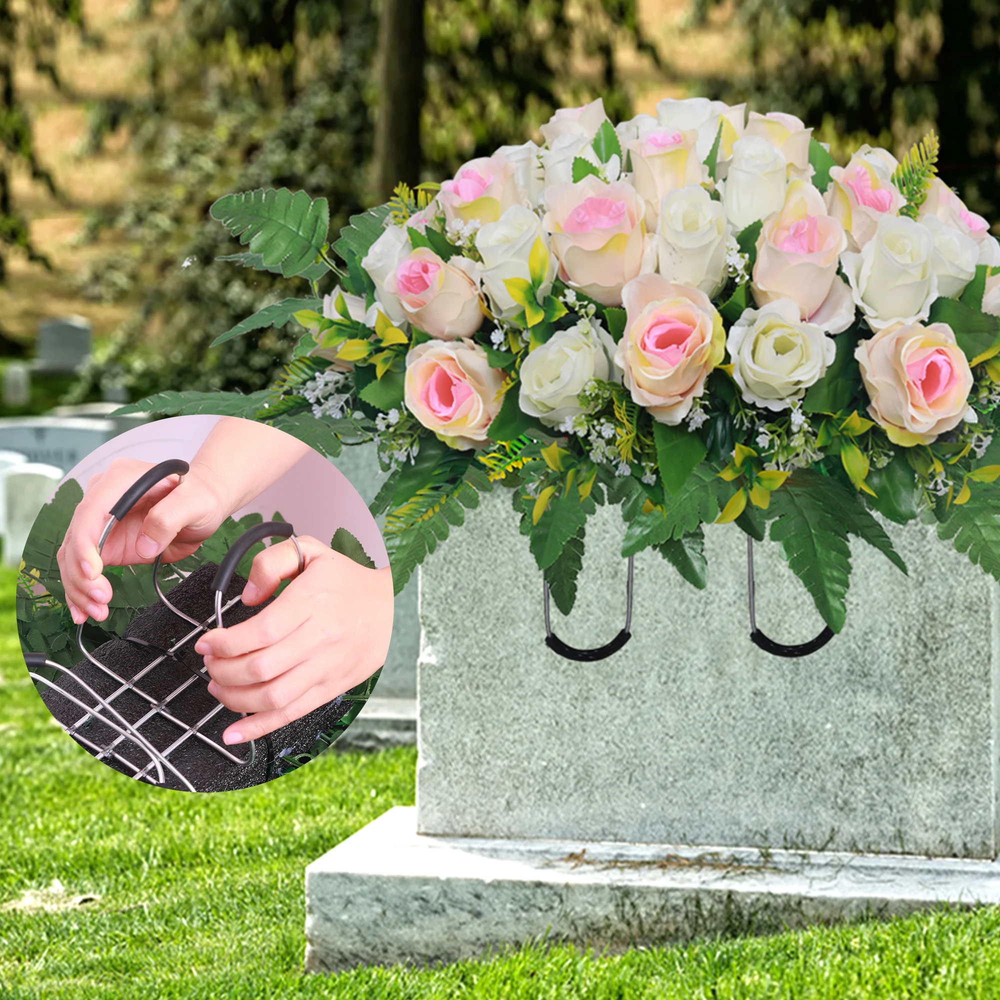 

1 Pcs Artificial Cemetery Flower-Outdoor Grave Saddle Headstone Decorations Rose Memorial Day Flowers For Gravesite