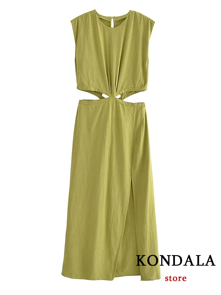 KONDALA New Chic Solid Green Hollow Out Streetwear Women Split Long Dress Fashion 2023 Summer Elegant O Neck Sleeveless Vestido