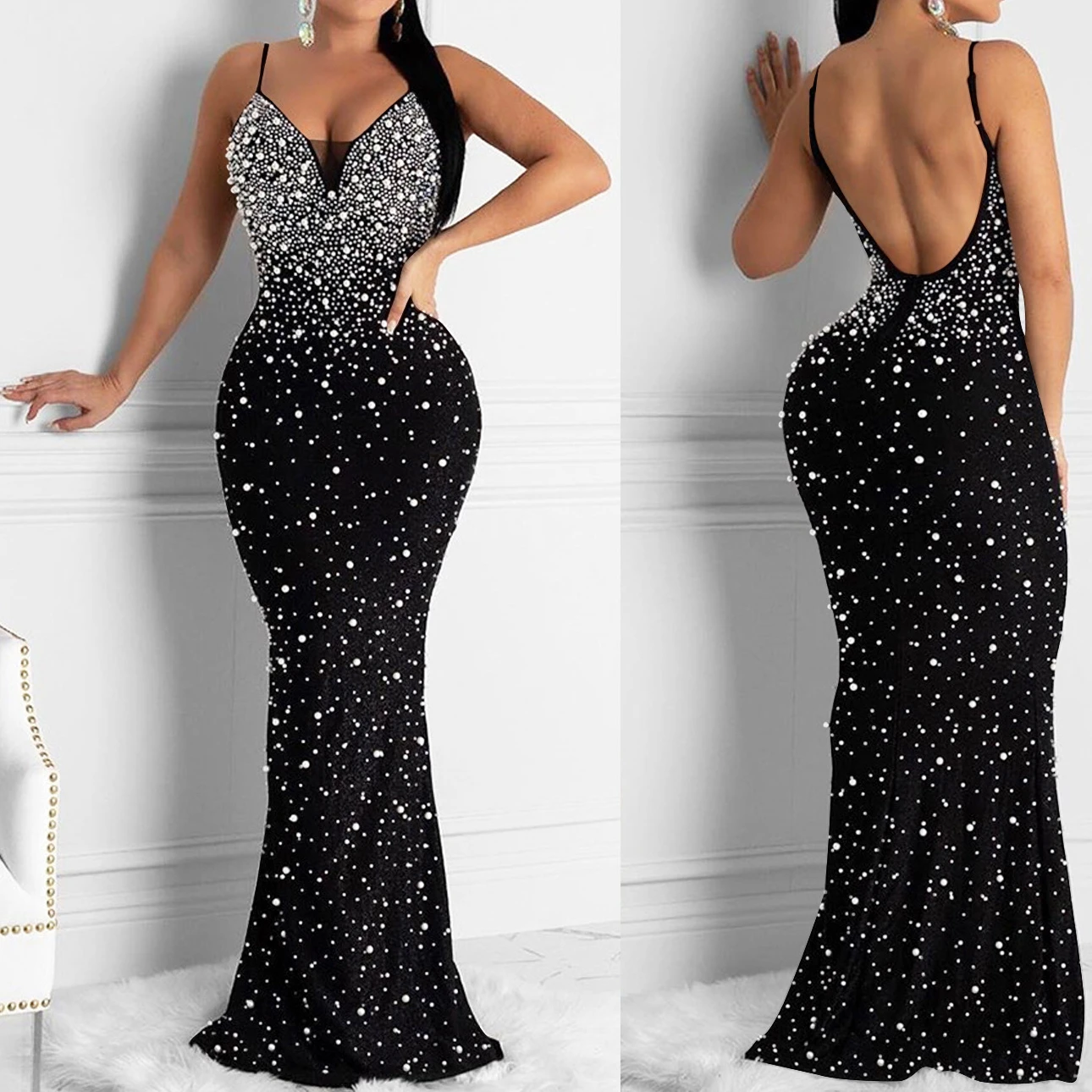 Trunpet Meerjungfrau Abendkleid Frauen Abendkleid Rückenfrei Perlen Spaghettiträger Bodycon Clubwear Elegante Cocktailpartykleider