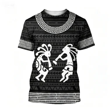 Black and White Maya Feathered Snake God Totem Short Sleeved T-shirt for Men, Retro Exotic Style Casual Top