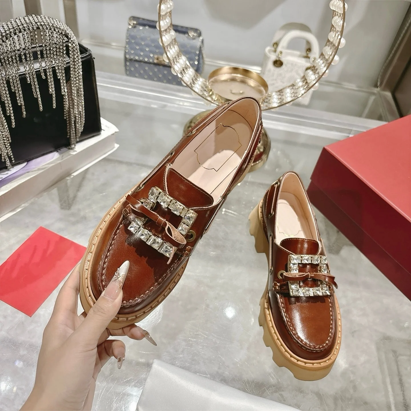 2025 outono novo couro genuíno strass fivela quadrada mocassins feminino altura crescente sapatos de couro de sola grossa deslizamento