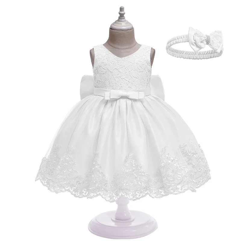 Newborn Girl Lace White Dress with Bow Headband 100 Days Baby Girl Christening Party Gown Summer Photoshoot Photography Outfits
