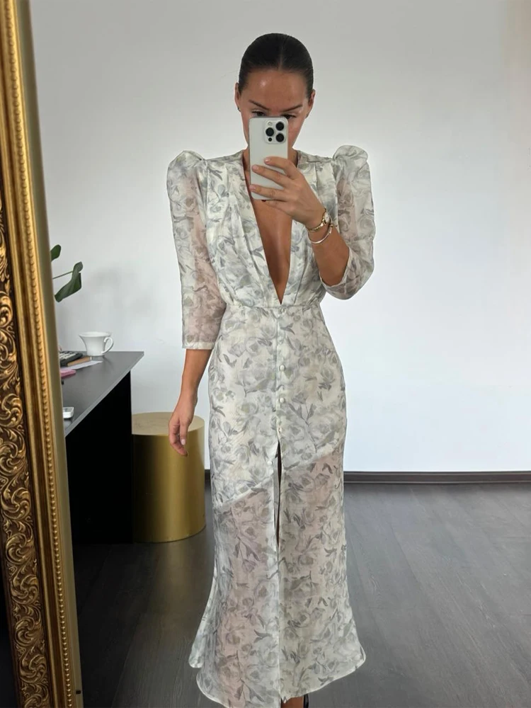 Vestido de Verão Feminino com Padrão 3D, Vestido Maxi Floral, Manga Curta, Decote em V, Vestido A-line, Estampado Floral, Vestido de Praia para Férias