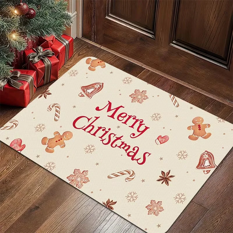 Christmas Gingerbread Man Doormat Merry Christmas Print Entrance Mat Xmas Candy Cane Snowflake Front Door Floor Rug