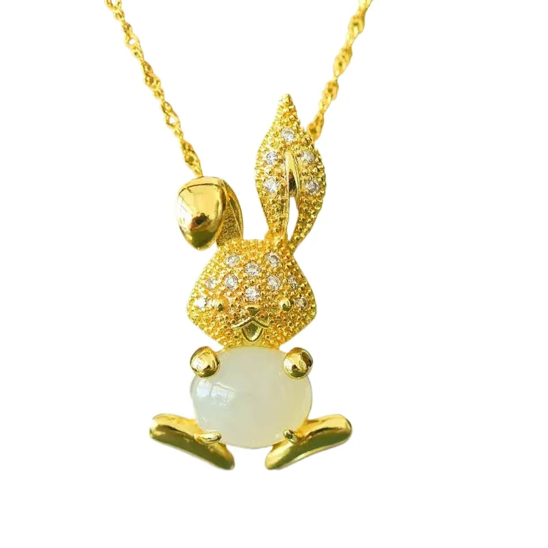 

Exquisite elegant natural jade rabbit fashion pendant necklace men's and women's jewelry with chain couples birthday party gifts