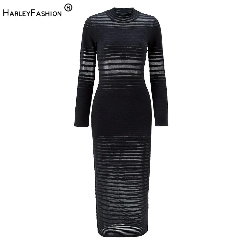 

2026 Lady Sexy Designed See-through Mesh Patchwork Wear O-neck Long Sleeve Slim Fitted Solid Knits Long Dress for Women
