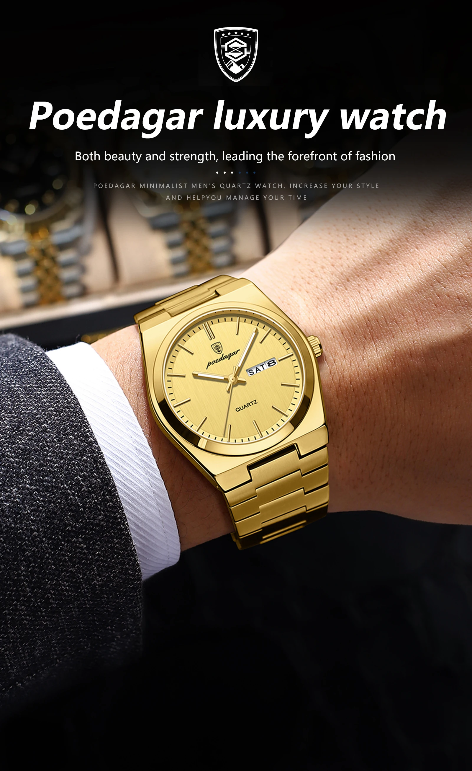 POEDAGAR Mode Klassische Mann Uhr Wasserdicht Leucht Datum Woche Luxus Männer Uhr Edelstahl Quarz Business herren Uhren – Detail 3