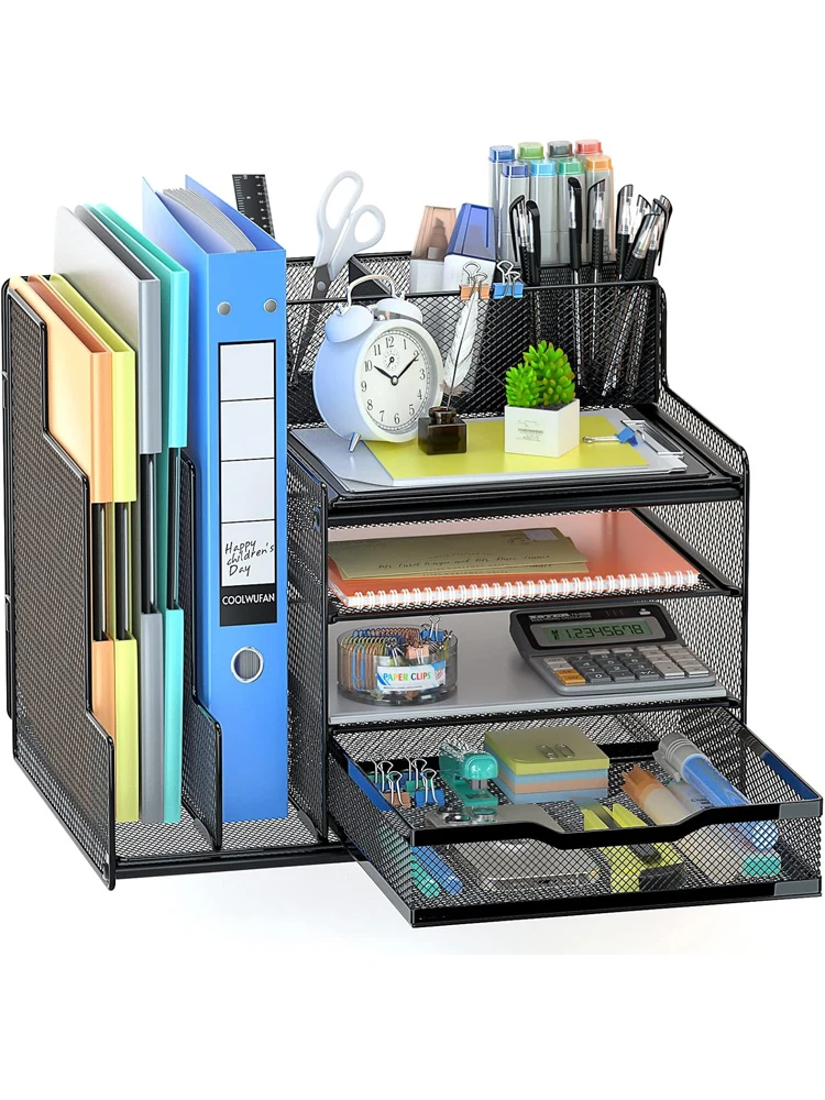 

Desk Organizer with Mesh File Holder, 4-Tier Office Supplies, Desk Organizers and Accessories with Sliding Drawers and Pen Holde