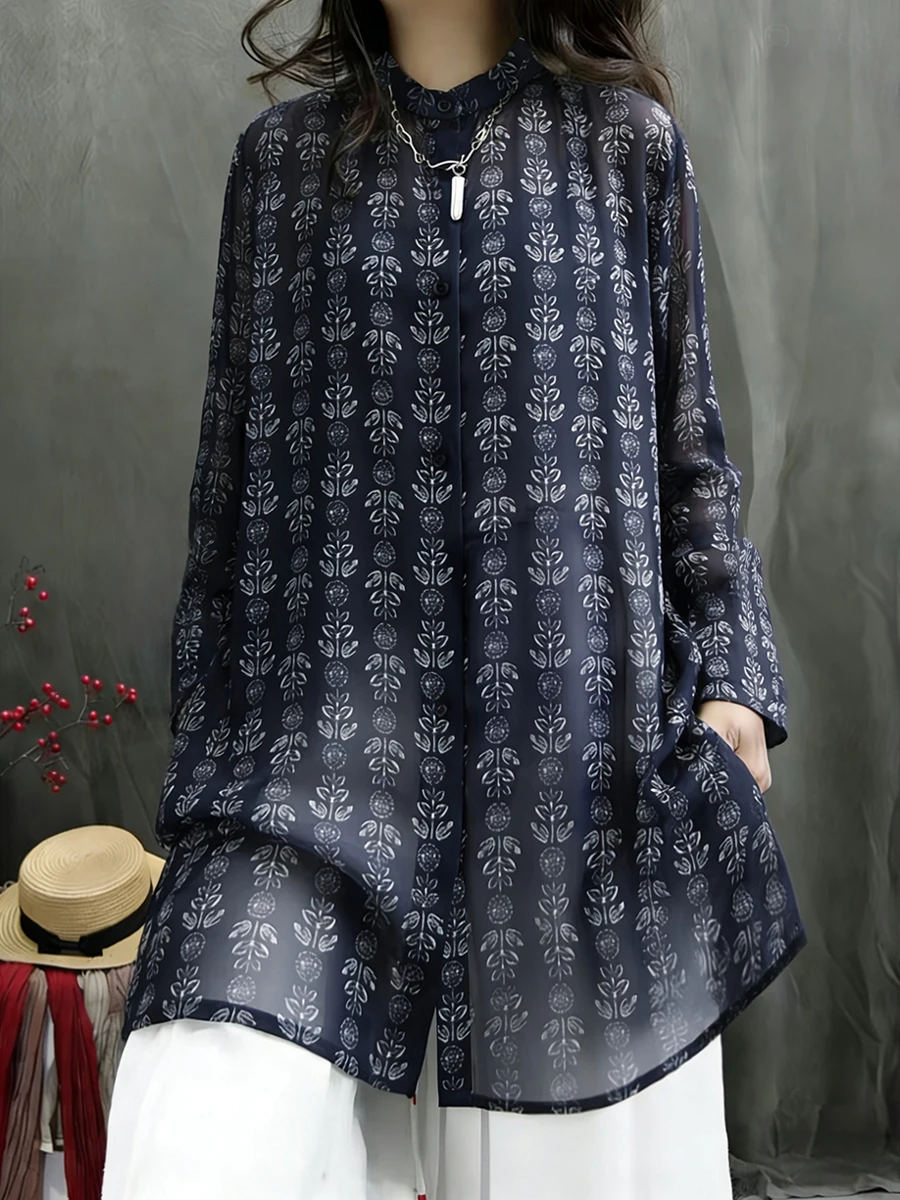 

plus Size Floral Print Loose Long Sleeve Shirt Women's Spring Summer Lightweight Sun Protection Stand Collar Midi Length Top