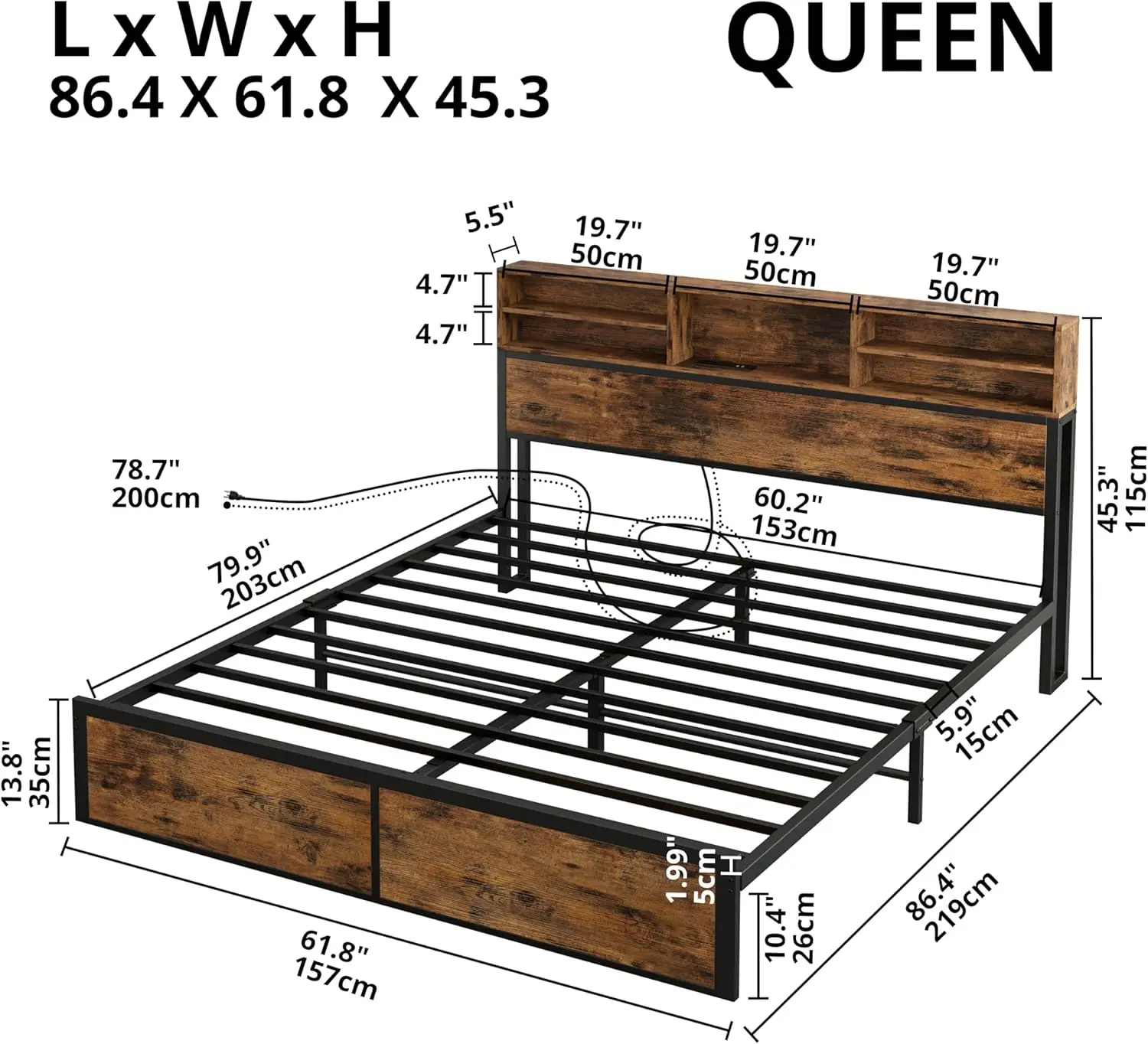 Queen-Bett-Rahmen mit hohem Bücherregal-Kopfteil und Ladestation, robustes und geräuschloses Plattform bett