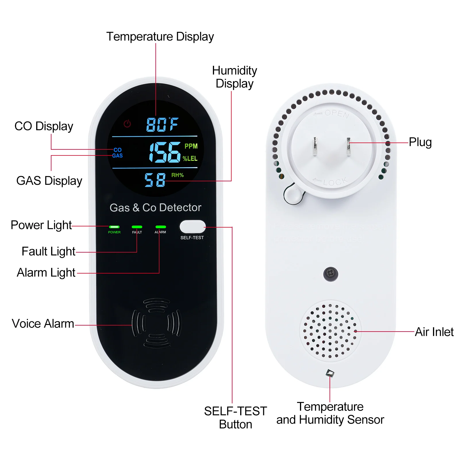 Carbon Monoxide & Natural Gas Combination Detector Plug in Wall Detectors CO & Natural Gas 4 in 1 CO Monitor Alarm with LCD Disp