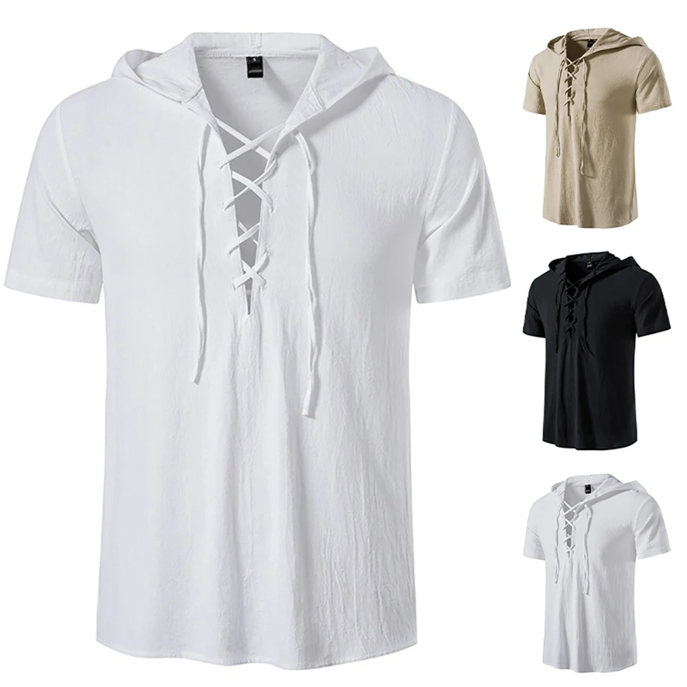 Men's Hooded T-shirt Cotton Breathable Lightweight Solid Color Vintage Lace-up V-neck Casual Tops Party Style Pirate Costume
