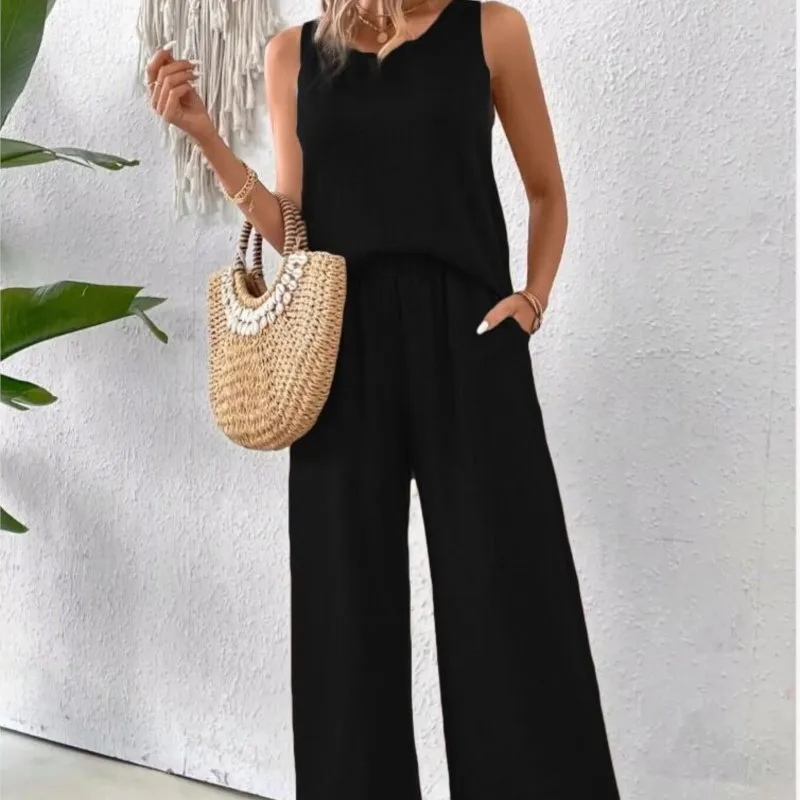 Spring Summer Fashion Solid Two Piece Sets 2024 Women Casual Loose Hollow Lace Sleeveless Top Wide Leg Pants Two Piece Set Woman