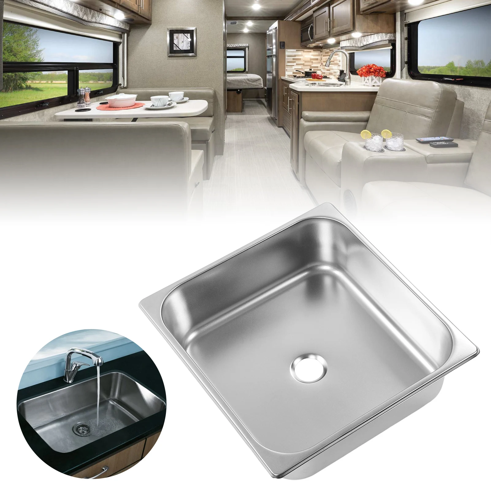

Kitchen Sink 304 Stainless Steel Rust Proof Fast Discharge Square Recessed Undermount Single Bowl for RV Yacht Bathroom