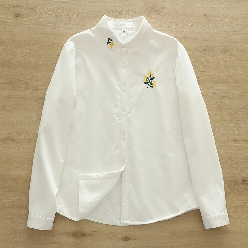 

High Quality Women Autumn Winter Thick Warm Fleece Shirts Small Fresh Collar Pocket Embroidered Yellow Flower Velvet Tops