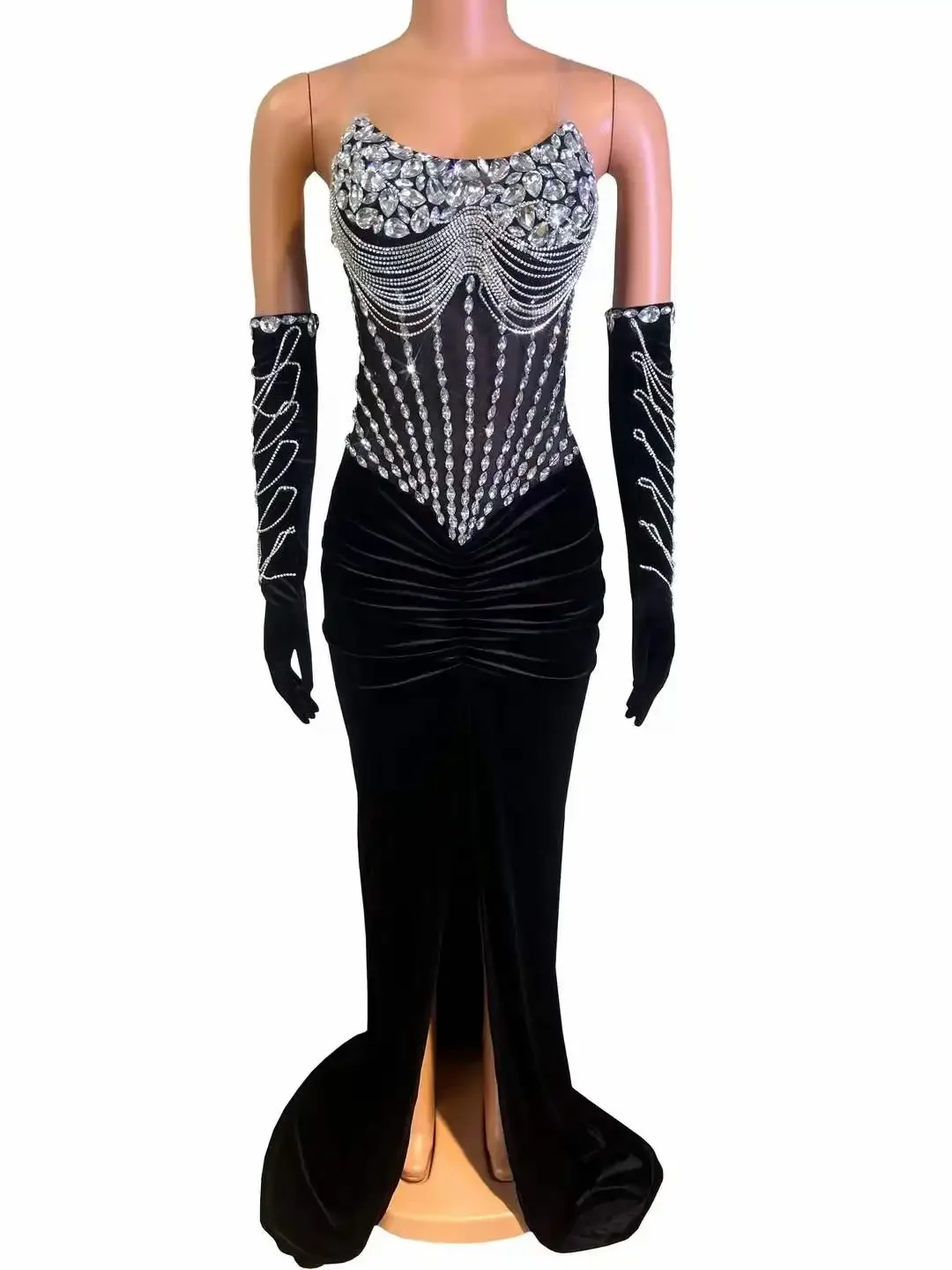 Schwarzes bodenlanges Kleid für Frauen, glitzernde Strass-Kristalle, luxuriöses, elegantes Geburtstags-Abend-, Abschlussball- und Nachtclub-Outfit mit Handschuhen