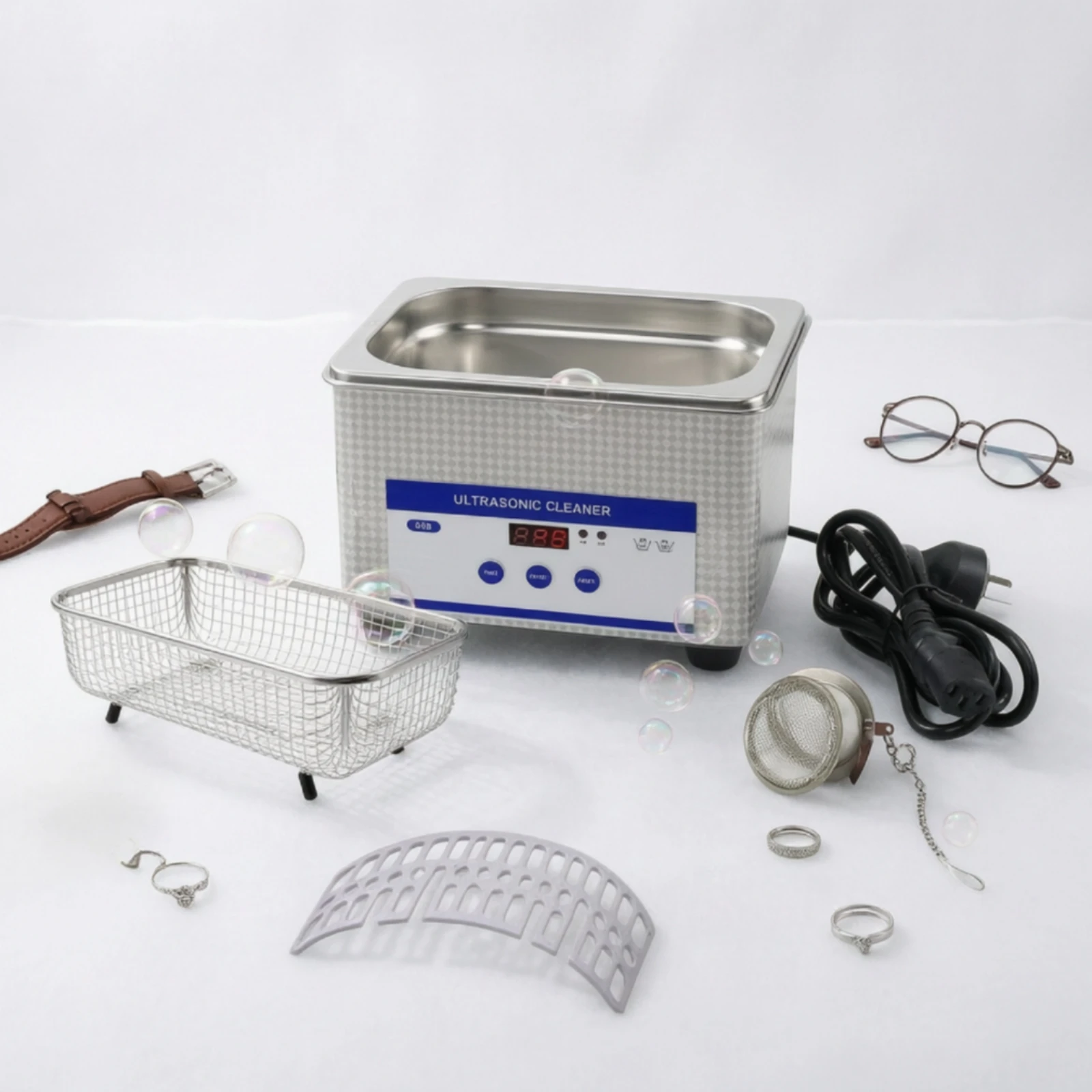 0.8L Sonic Cleaner Stainless Steel Sonic Cleaner with Basket Portable for Jewelers, Countertop, Home