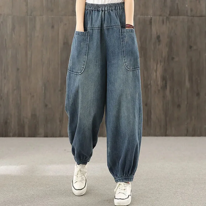 

New Oversized Womens Jeans Spring Autumn Straight Leg Denim Pants Female Korean Loose Splicing Big Pocket High Waist Daddy Pants