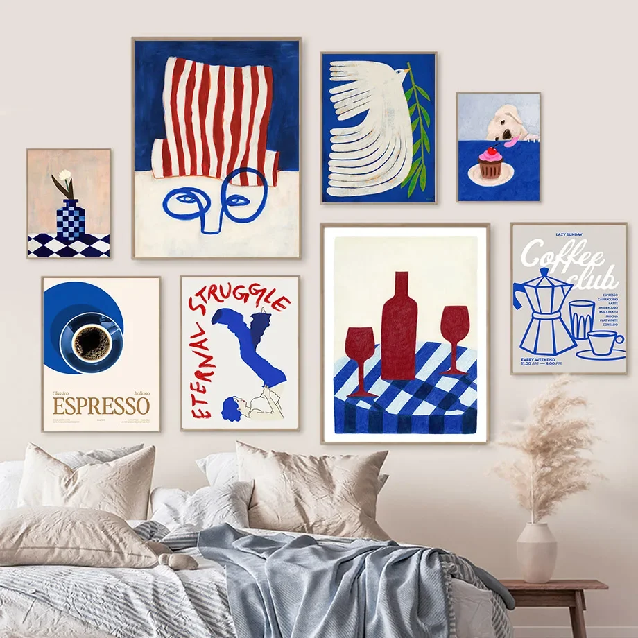 Red Blue Funny Joker Red Wine Coffee Bird Life Wall Art Canvas Painting Nordic Abstract Poster Prints Pictures Living Room Decor