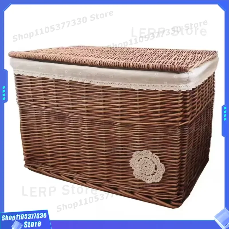 Natural Rattan Wicker Storage Box With Lid Handmade Basket For Home Decor Living Room Organizer Rectangular Container