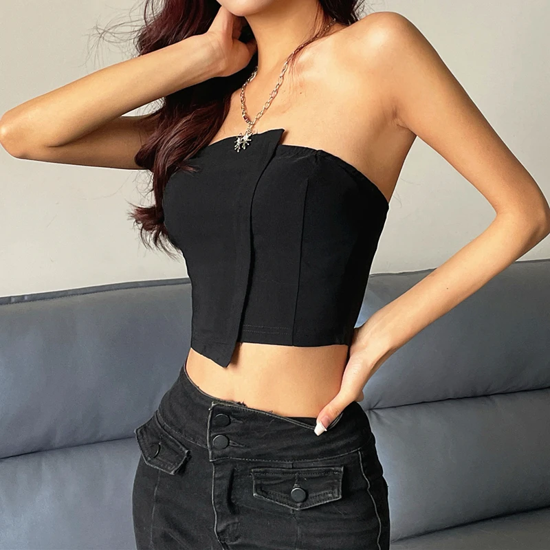 WhereMery Y2K Sexy Irregular Strapless Tank Top Women Backless Sleeveless Zipper Tube Tops Gothic Summer Off Shoulder Lady Vest