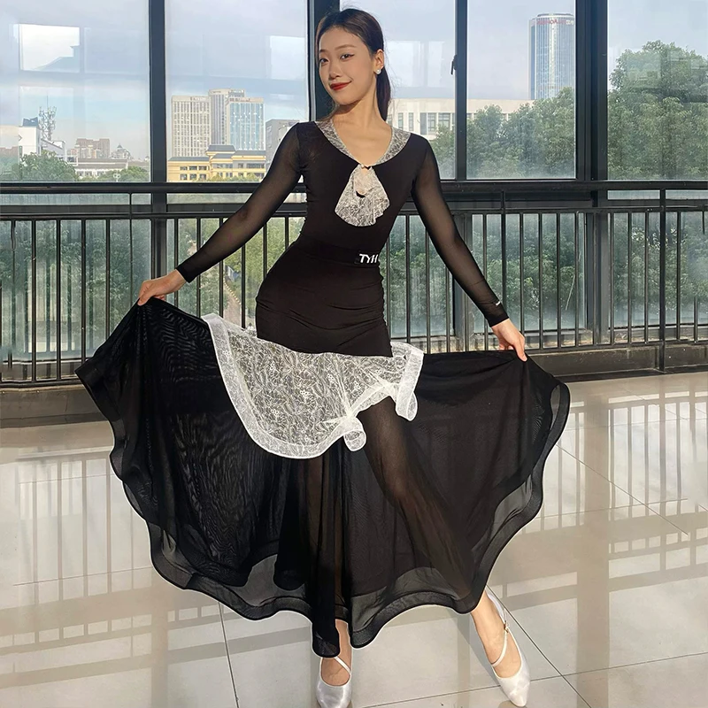 Women Latin Dance Clothes Ballroom Dance Competition Dress Black Tops Lace Skirt Waltz Practice Clothing Club Dance Wear NV22099