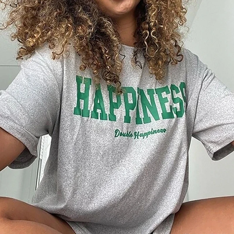 kuakuayu HJN Happiness Slogan T Shirt Summer Women Fashion Cotton Casual Tshirt Grunge Aesthetic Streetwear Top Cute Graphic Tee