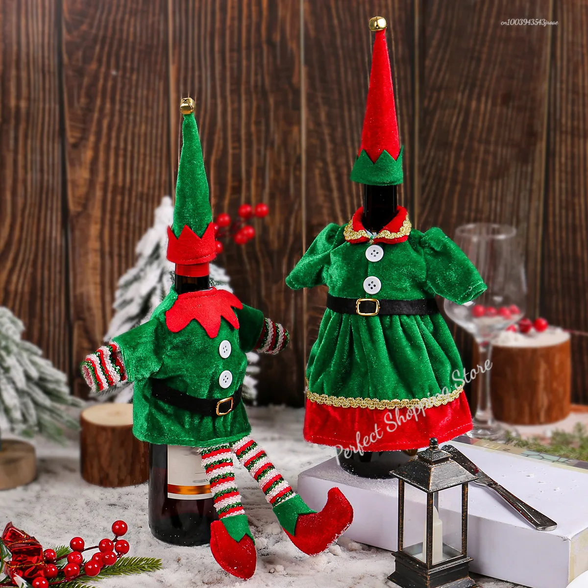 Christmas Elf Costume Wine Bottle Set Decorative Ornaments Christmas Cute Red Wine Set 2025 New Year Xmas Atmosphere Decor Props