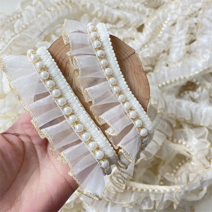 4cm wide white gold thread small fragrance pleated pearl lace skirt hem cuff lace accessories