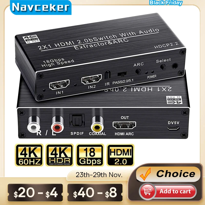 2023 Best HDMI 2.0 Audio Extractor Support 4K 120Hz YUV 4:4:4 HDR HDMI Audio Converter Adapter 4K HDMI to Optical TOSLINK SPDIF