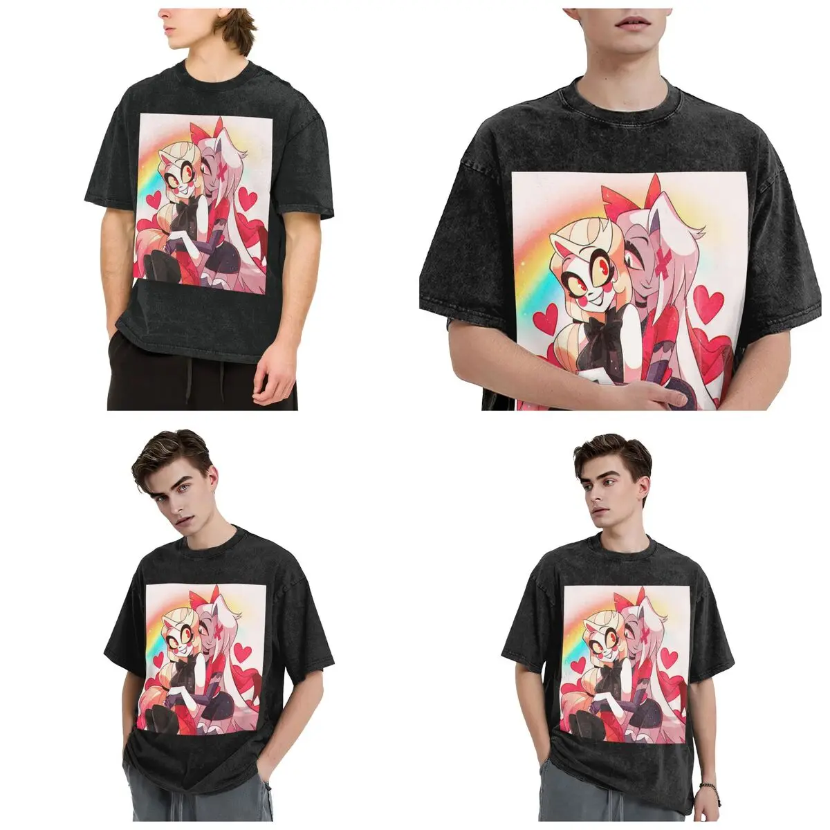 Streetwear T-Shirts Charlie And Vaggie Valentines Hazbin Hotels Washed T Shirt Short Sleeve Hip Hop T-Shirt Tops Tees