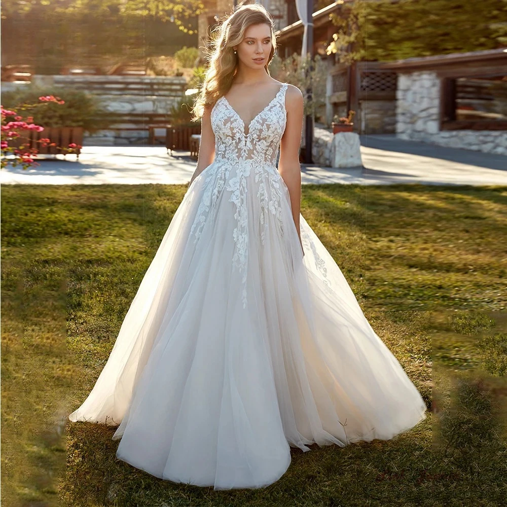 Vestidos de novia bohemios brillantes con cuello en V, vestidos de novia de tul con purpurina de encaje brillante y apliques de Venecia, vestido de novia