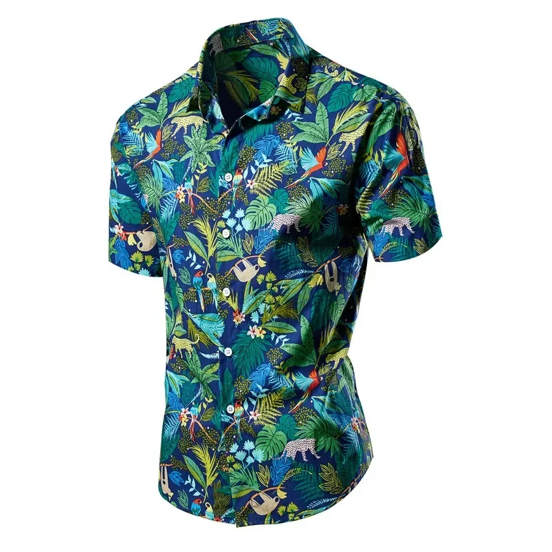 2026 New Men's Green Printed Short Sleeve Shirt, Summer Beach Casual Shirts, Asian Size Single Breasted Lapel Camisa Chemise 8XL