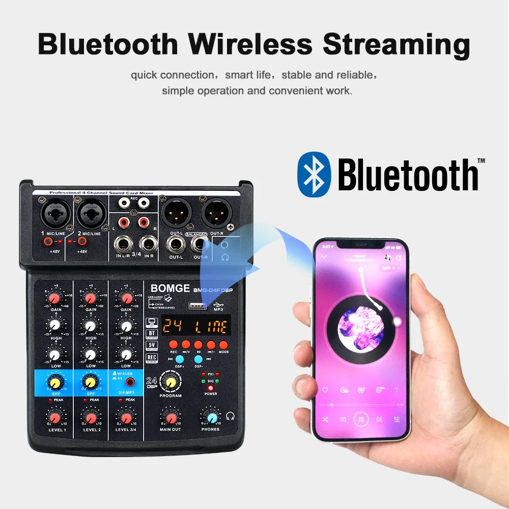 BOMGE 4 Channel sound console Audio Mixer with 24DSP Bluetooth 48V Phantom Power EQ and USB Audio Interface for DJ karaoke