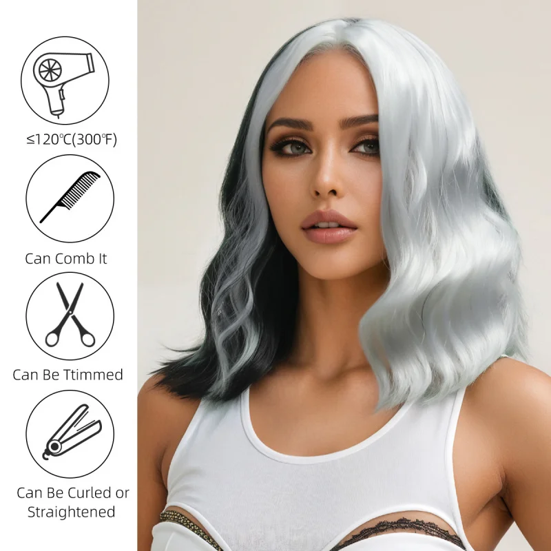 Black white , Halloween , cosplay wig, medium- , short curly hair, long bangs, European and American style