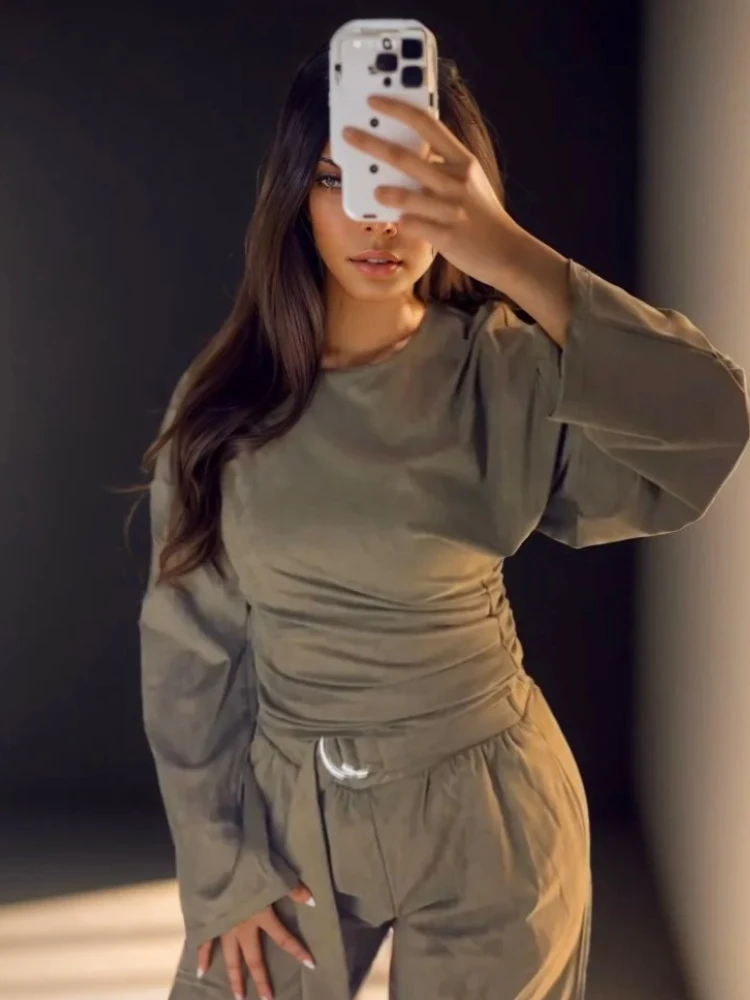 

Осень 2024, новая женская модная повседневная рубашка с круглым вырезом и длинными рукавами, топы, длинные брюки Hallen, комплекты из 2 предметов, женская одежда