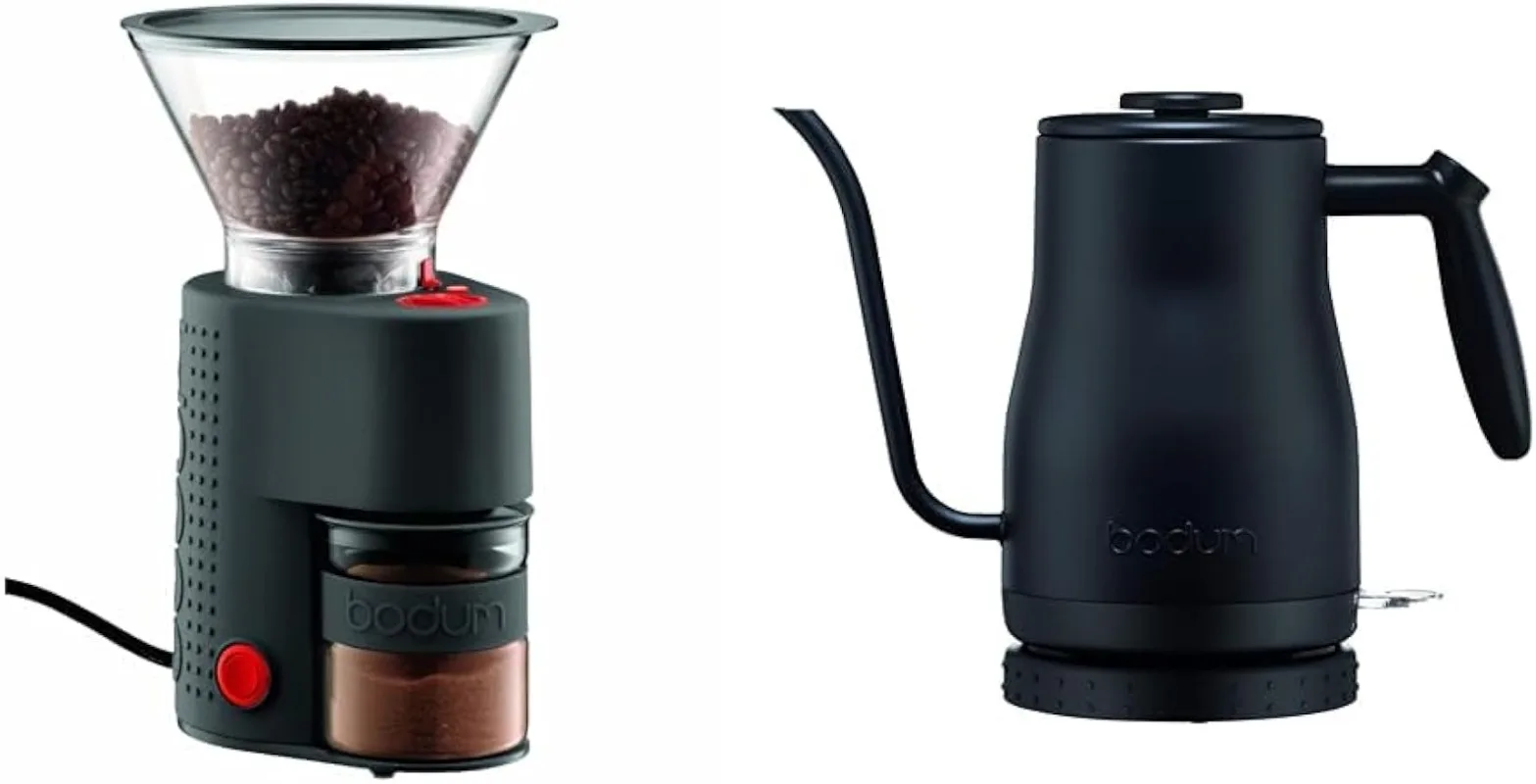 

Bodum Bistro Burr Coffee Grinder, 1 EA, Black & 11940-01US Bistro Gooseneck Electric Water Kettle, 34 Ounce, Black