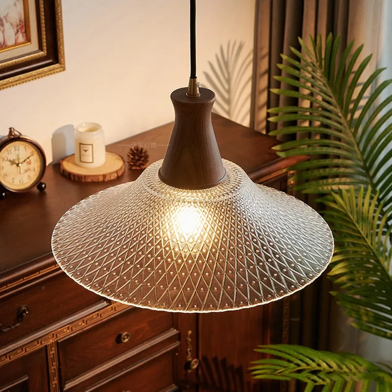 Japanese Vintage Textured Dining Room Living Room Bedroom Kitchen Pendant Light Walnut Wood Brass Glass Hanging Lighting Fixture
