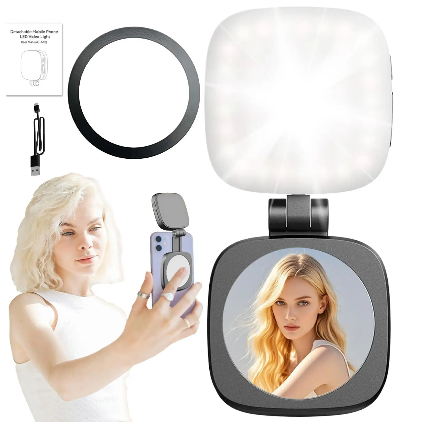

Magnetic Phone Selfie Light 5 Level Brightness Folding LED Light With Makeup Mirror For Vlog Recording Live Streaming