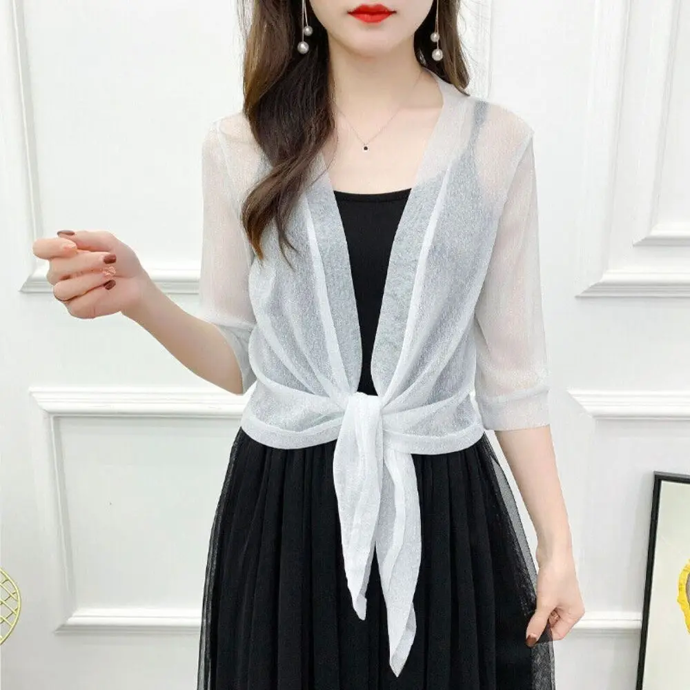 

High Quality Polyester Women's Cardigan One Size Tulle Sun Protection Clothing Mesh Shawl Womens